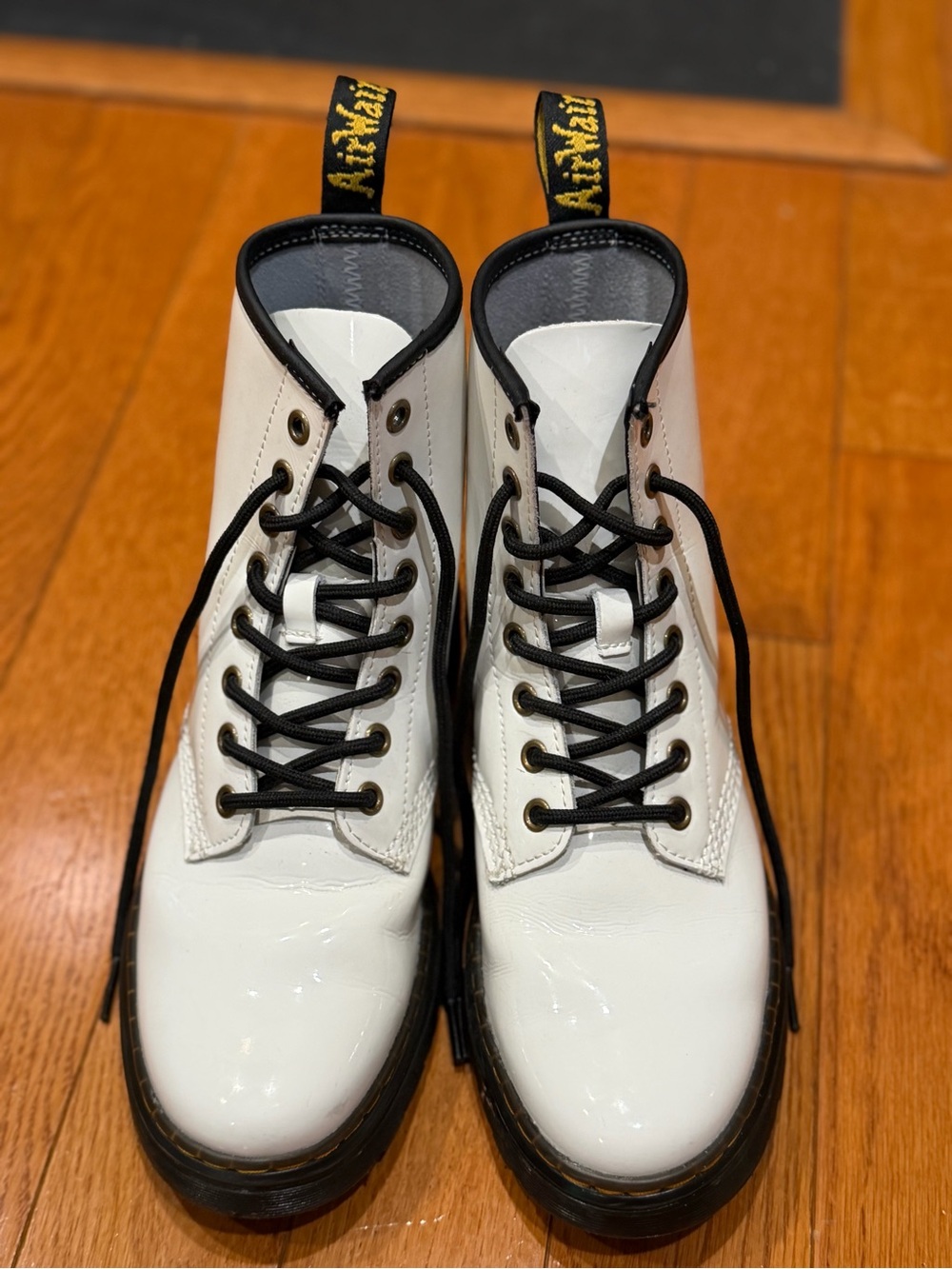 Dr. Martens White Patent Leather Lace-Up Boots with Black Trim